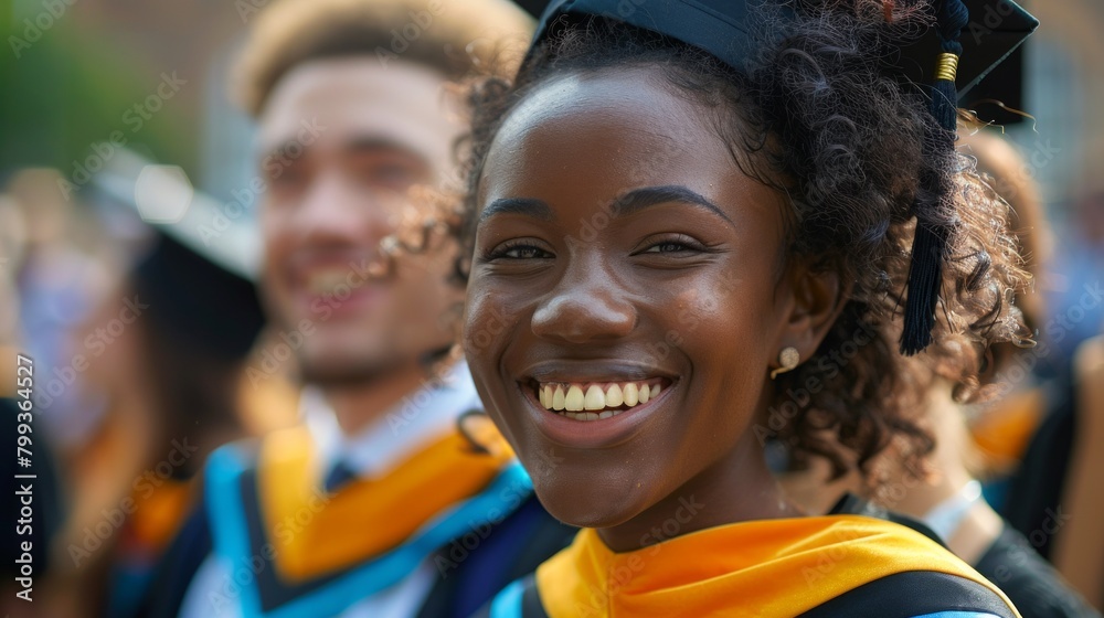 Smiling Young African Woman in Graduation Cap and Gown Among Fellow Graduates.