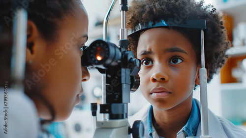 An ophthalmologist uses an eye test machine to look into the eyes of an African American boy, an optometrist performs an examination, a child sees an ophthalmologist in a medical clinic