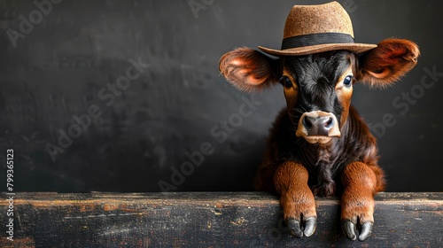  A brown-and-black cow wearing a hat sits atop a wooden plank