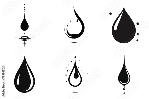 Set of six simple black silhouettes of water drops isolated on white background.