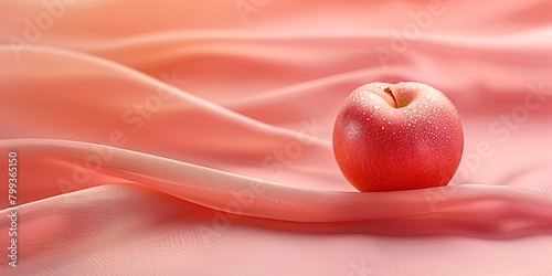 An apple with water droplets rests on a flowing peach-colored satin fabric.