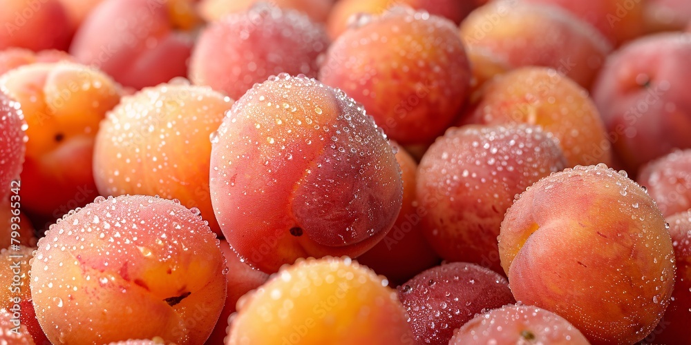 Close-up view of fresh, dew-covered peaches with vivid red and orange hues filling the frame. Close-up view of fresh, dew-covered peaches with vivid red and orange hues filling the frame.