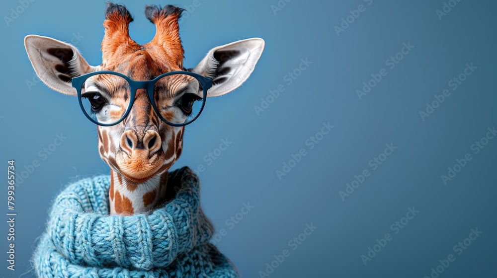   A tight shot of a giraffe donning a sweater and glasses on its head, gazing directly into the camera
