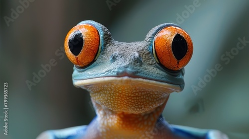   A tight shot of a frog's face with an orange eye and indistinct background photo