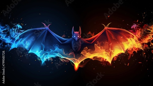 A bat flying through the air with fire coming out of it. A magical creature made of fire.
