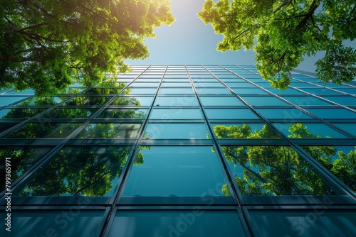 Sustainble green building. Eco-friendly building in modern city. ESG. Sustainable glass office building with green tree. Office with green environment. Corporate sustainability. zero, Generative AI