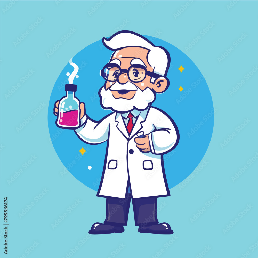 Professor mascot holding chemical liquid bottle Professor mascot holding chemical liquid bottle