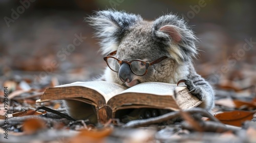   A koala in glasses reads a book in the woodland  surrounded by autumnal leaves on the forest floor