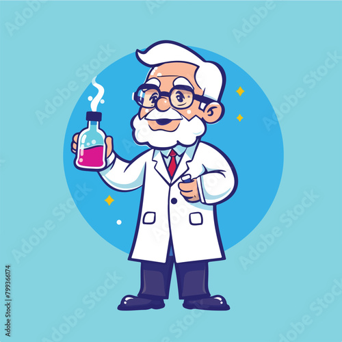 Professor mascot holding chemical liquid bottle