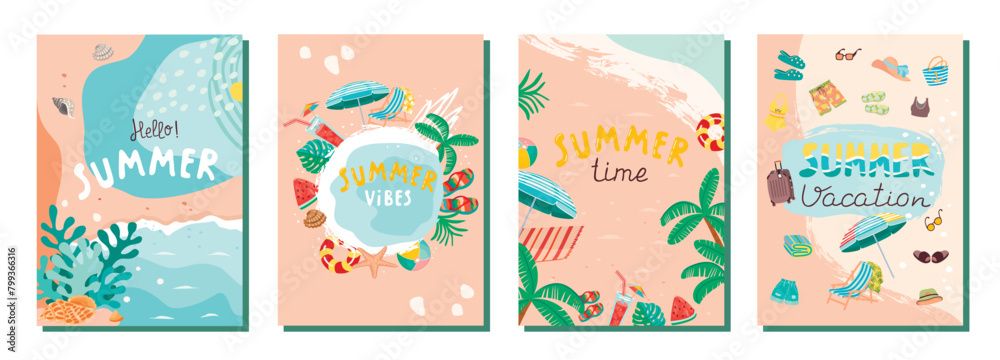 Cartoon collection of summer posters with the seashore, palm trees, shells, things for relaxation and hand lettering.Set of cards for summer season.Vector colorful backgrounds with abstract shapes.