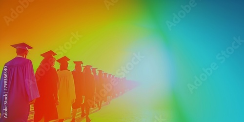 Colorful Spectrum of Graduates in Cap and Gown Standing in Line.