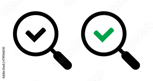 Magnifying glass with green or black check tick icon. For concepts of research, results found, success, reviews or examination, discovery.