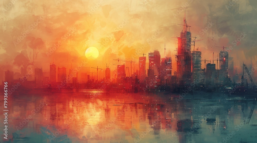 A city skyline is reflected in the water, with a large sun in the background