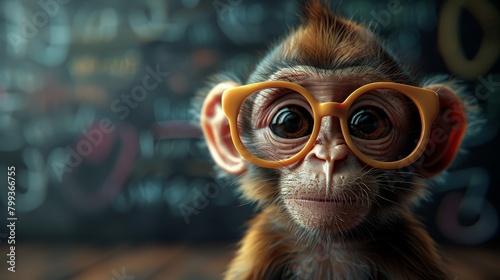  A monkey wearing yellow glasses is depicted with a blurred background
