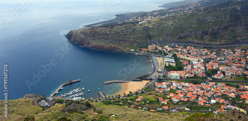 Fototapeta Naklejka Na Ścianę i Meble -  Panoramic view of Machico in Madeira with beach port and airport. 