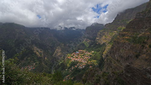 'Nuns Valley' the village of Curral das Freiras sites in deep steep sided valley Madeira Portugal. 