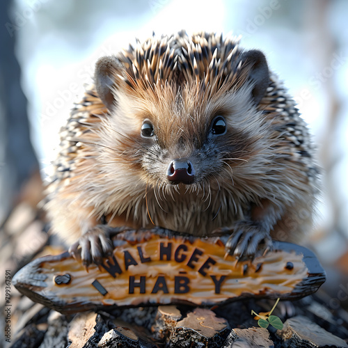 A 3D animated cartoon render of a hedgehog standing next to a fallen tree with a warning sign.