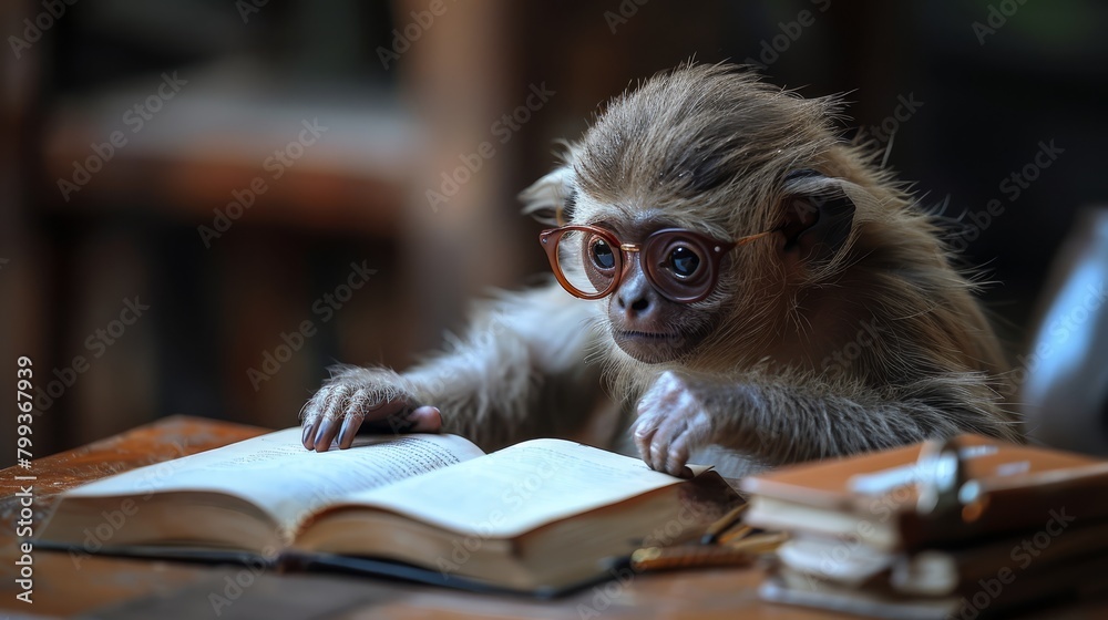   A monkey at a table, holding a book and wearing glasses on its head, gazes at the camera