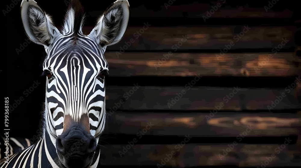 Obraz premium A tight shot of a zebra's expressive face against a backdrop of weathered wooden planks