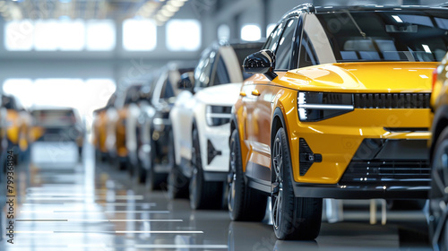 Row of yellow new cars in a dealer showroom. 3d rendering. AI.