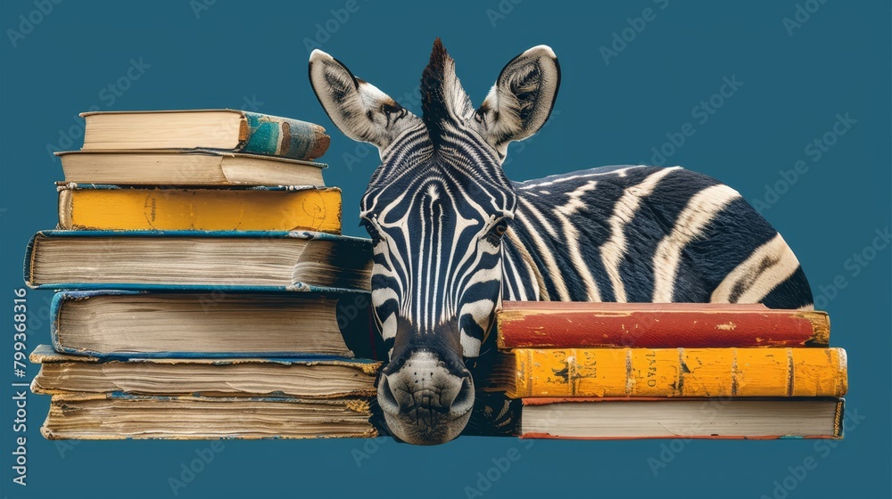 Obraz premium A zebra resting on a stack of books, nearby another stack in a vertical arrangement
