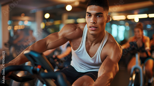 sexy Man Sweating on Stationary Bike at the Gym: Promoting Health and Fitness