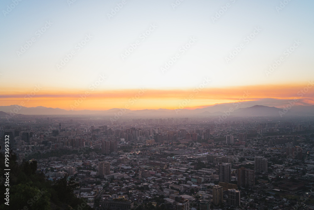 Santiago de Chile skyline from San Cristobal hill during sunset Santiago de Chile skyline from San Cristobal hill during sunset