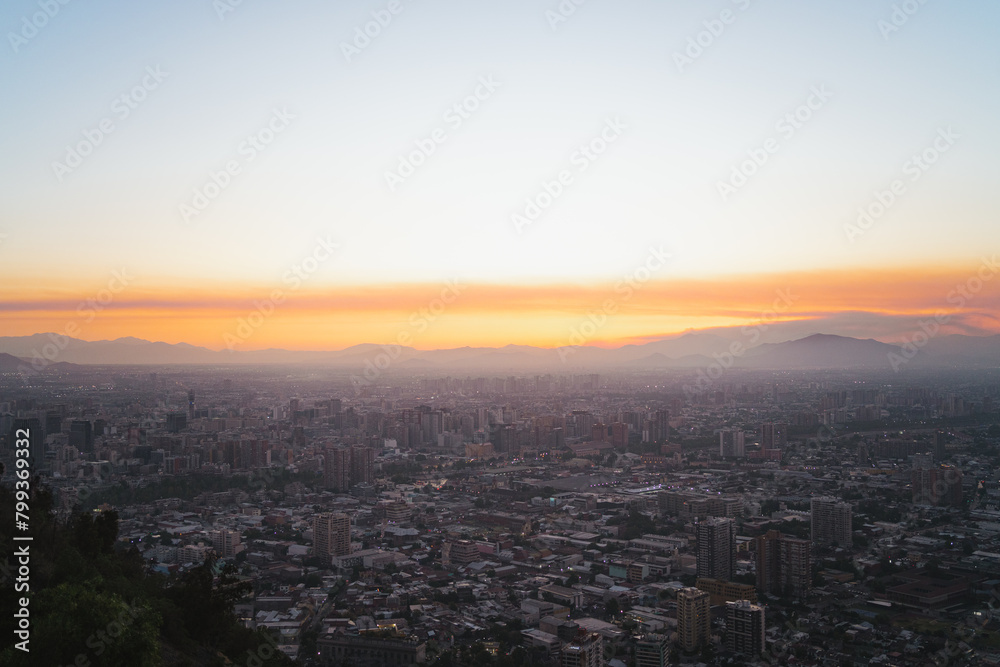 Santiago de Chile skyline from San Cristobal hill during sunset