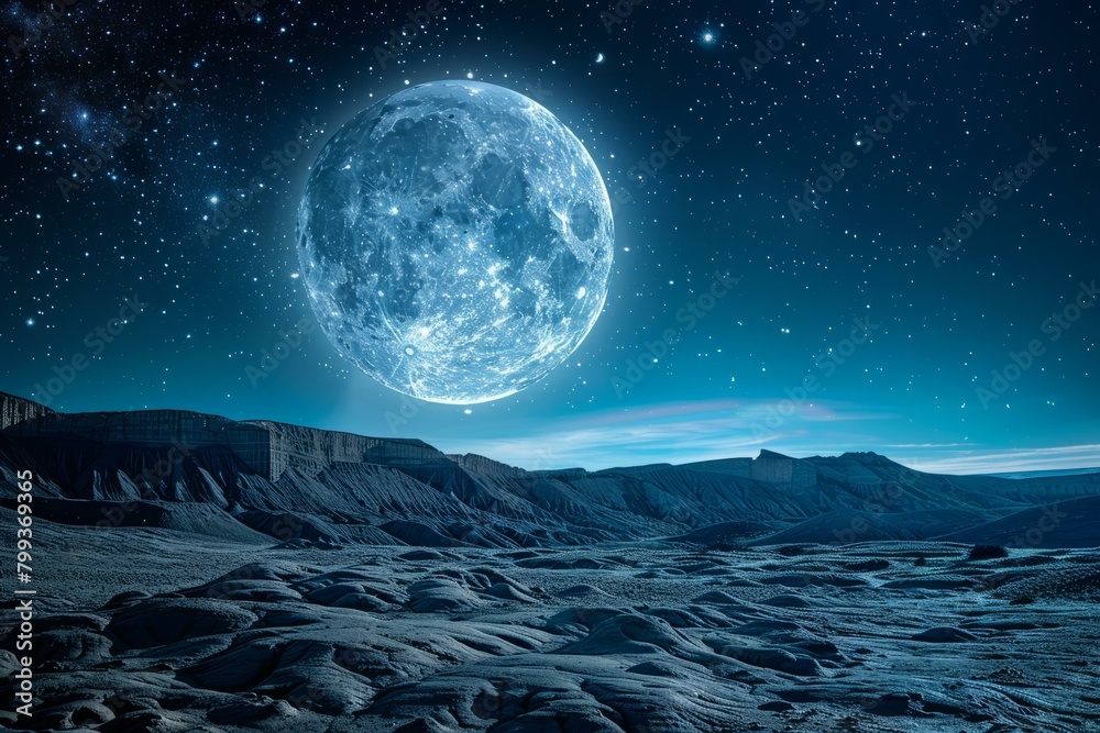 Blue Moon rising over a desert landscape