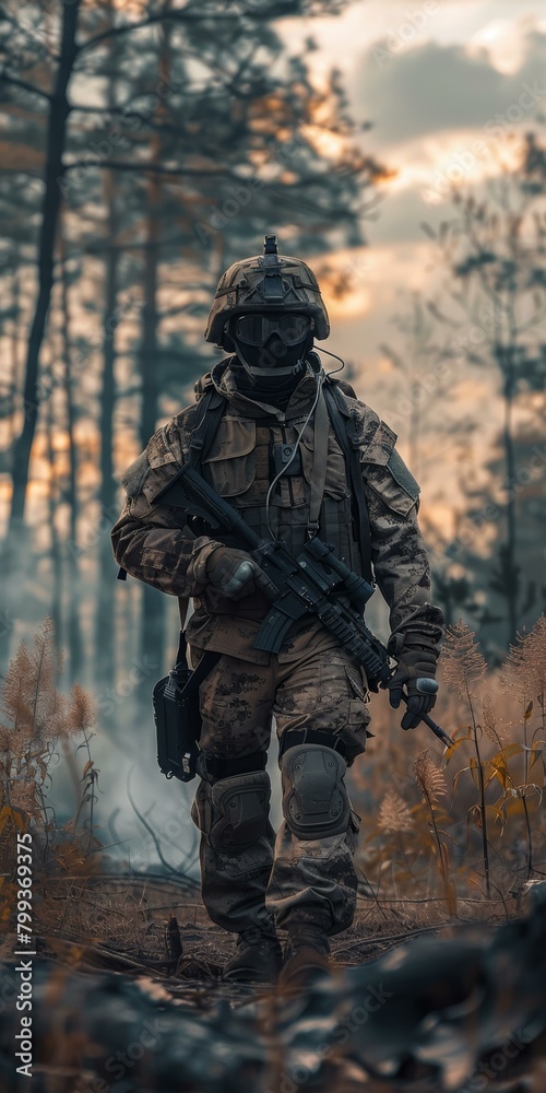 Soldier in the woods in full gear and carrying a rifle