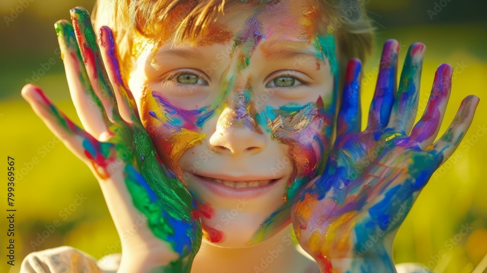 A young boy with colorful paint on his face smiles at the camera.