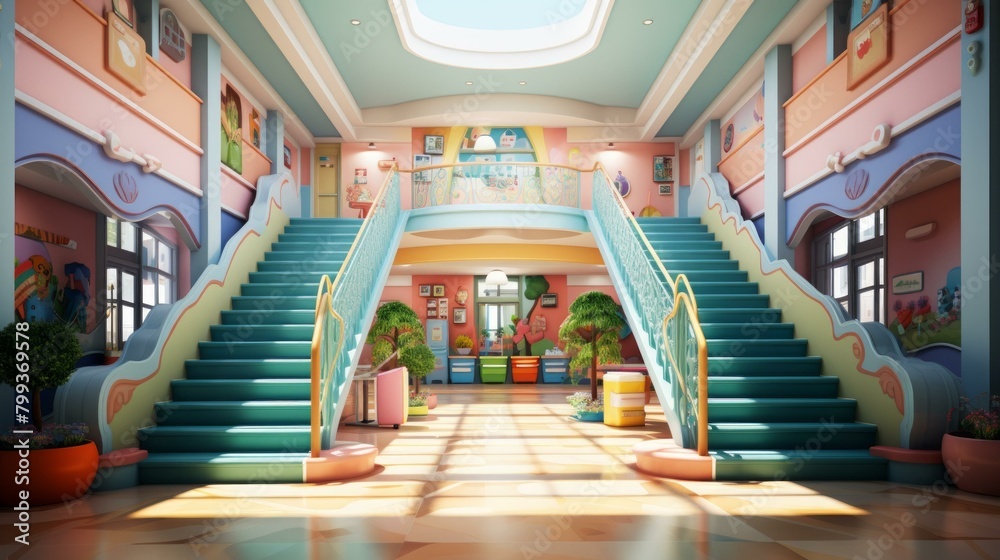 Obraz premium A colorful and inviting school hallway with stairs leading up to a second floor