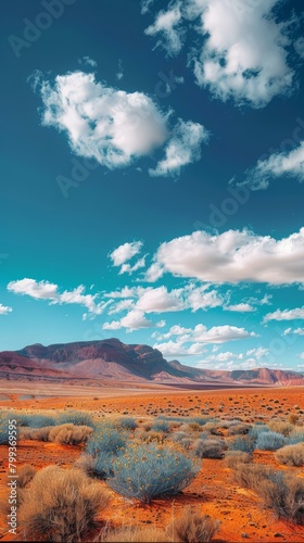 Arid desert landscape with red rocks and blue sky