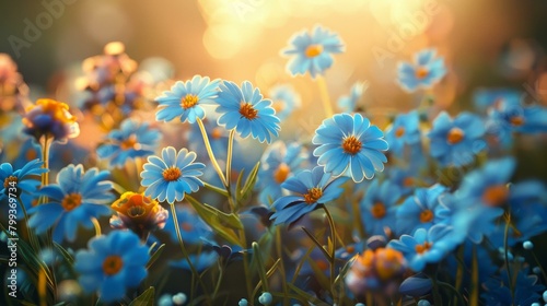 Field of blue daisies with yellow centers in the warm sunlight photo
