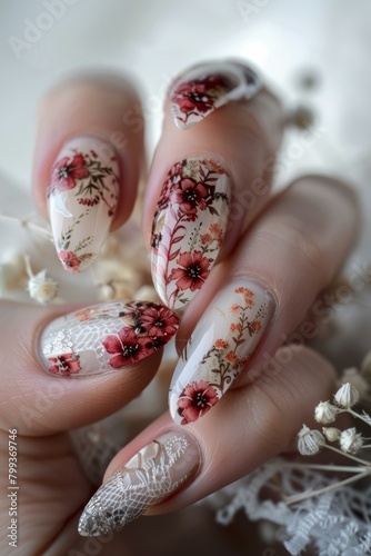 Close up of hand with floral nail art