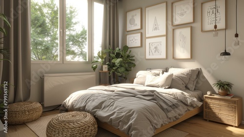 A bedroom with a large bed, a rug, a few pieces of furniture, and some plants photo