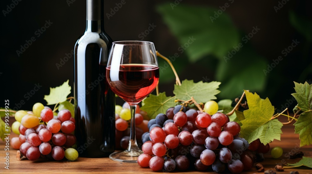 A bottle of red wine and a glass of red wine with grapes on a wooden table
