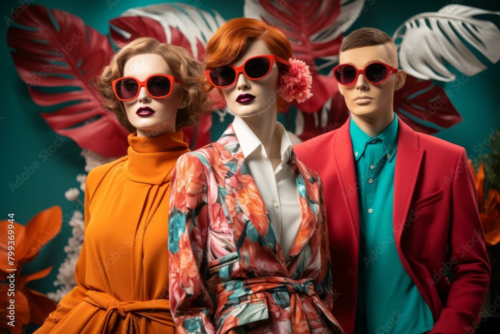 Three mannequins with red sunglasses