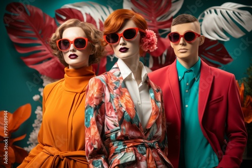 Three mannequins with red sunglasses