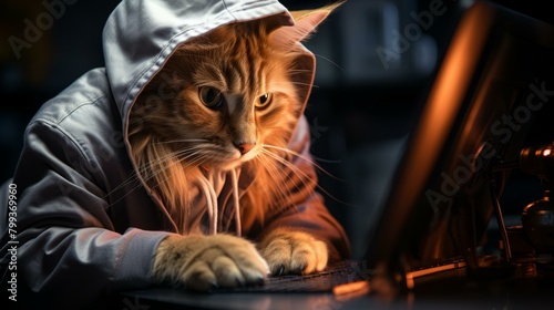 Cat in a hoodie looking at a computer screen