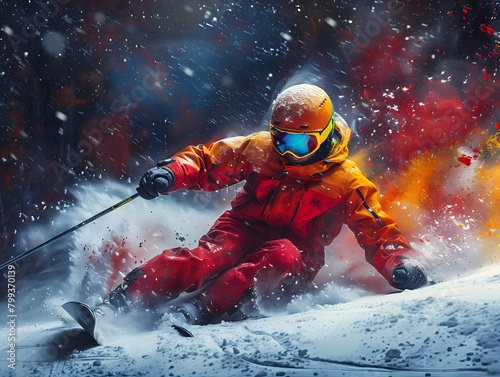 A skier soaring through a colored cloud of powder in the world of sports. AI generated. 