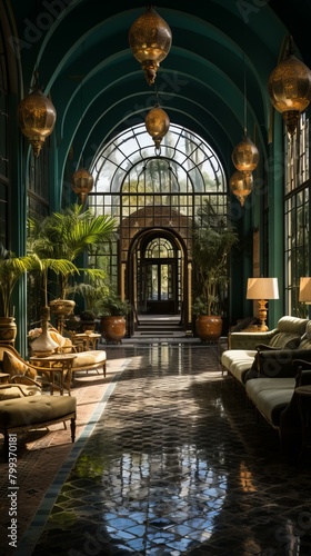Elegant green arched hallway with tiled floor and vintage furniture