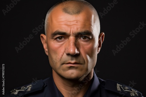 A police officer with a serious expression on his face