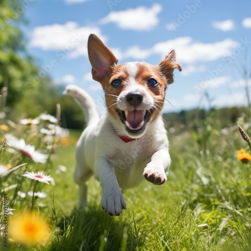 Small dog running in a green field with flowers