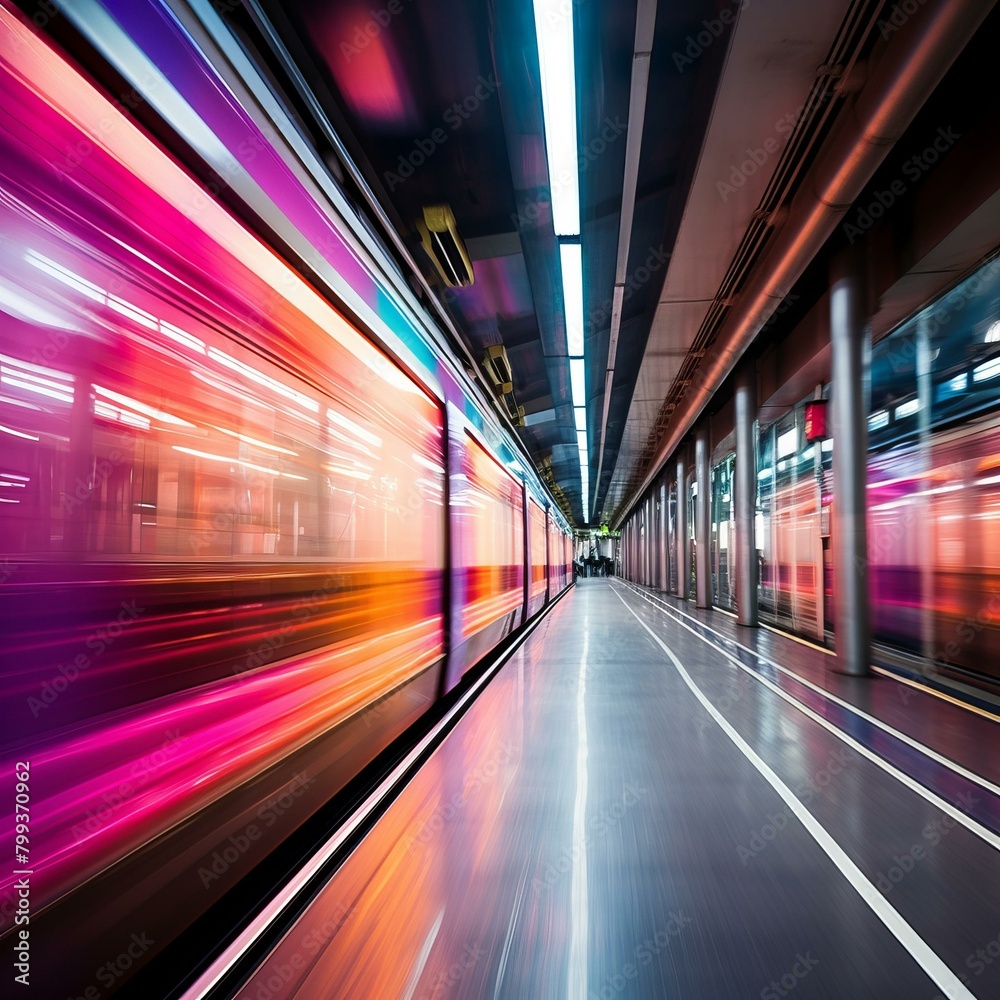 Motion blur of a subway train in a modern station