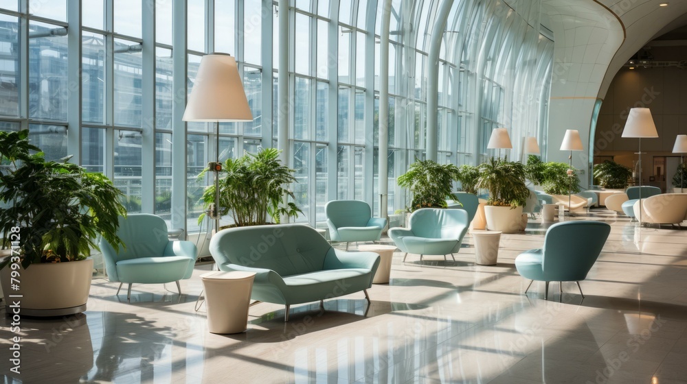 Blue modern airport lounge with large windows and comfortable chairs