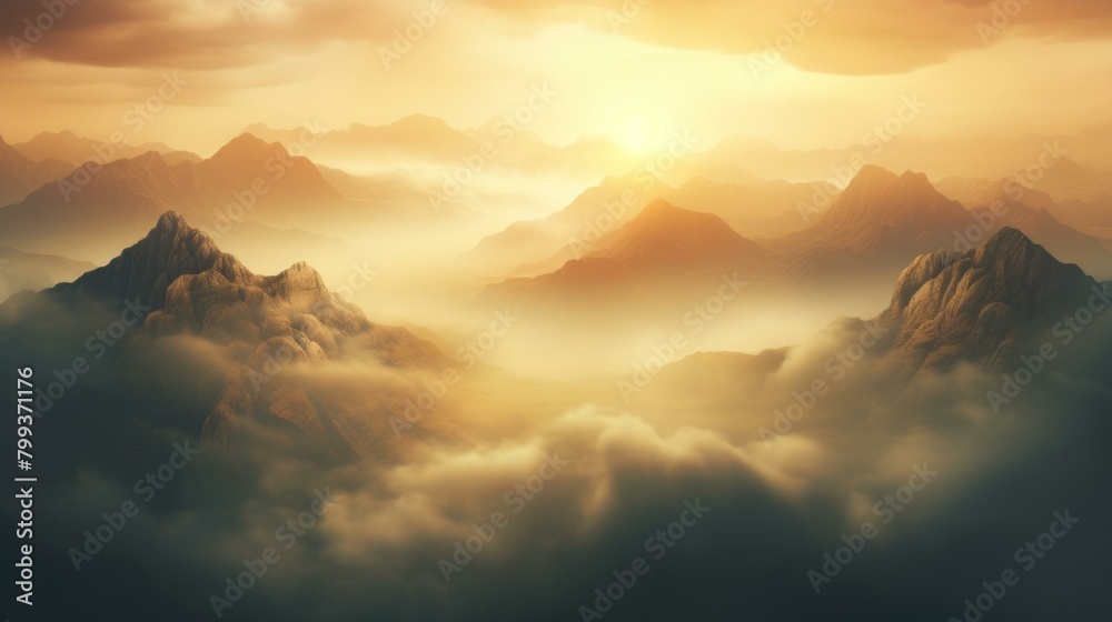 Misty mountain landscape with clouds and sunlight