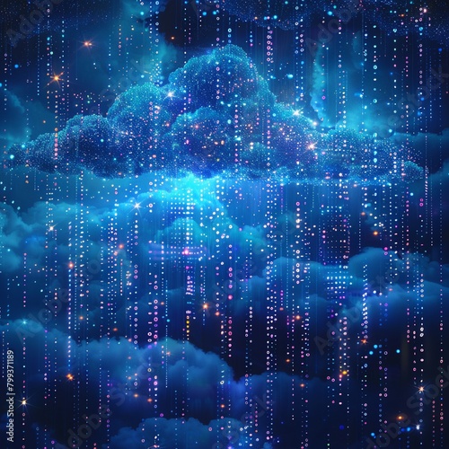 Datadriven business abstract wallpaper, binary code rain and digital clouds, cyberthemed photo