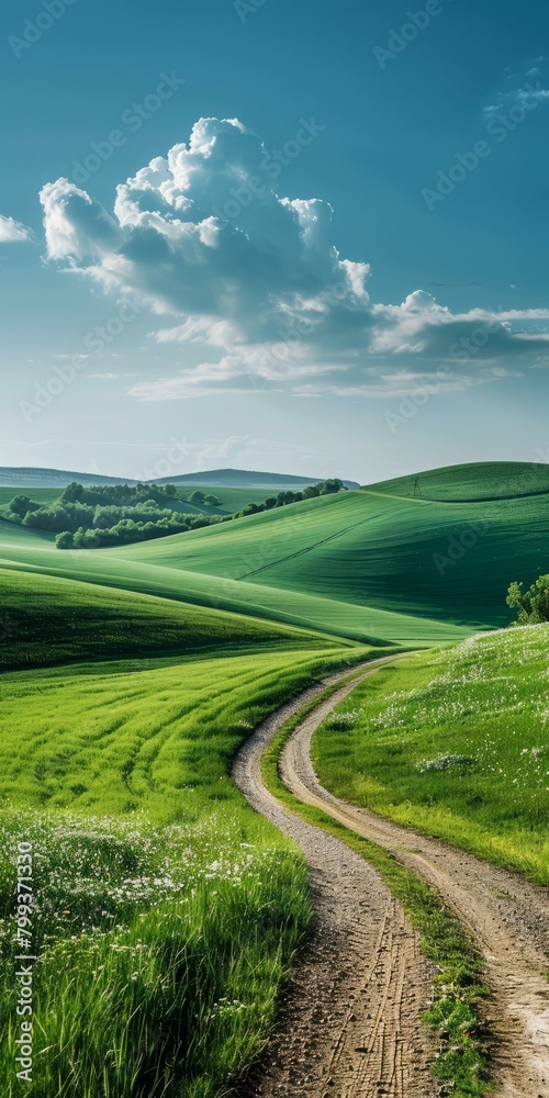 Countryside dirt road through bright green rolling hills