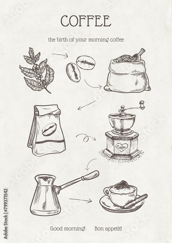 Vintage coffee cooking line art poster, kitchen wall art, coffee bar, coffee making, outline poster print (ID: 799371542)
